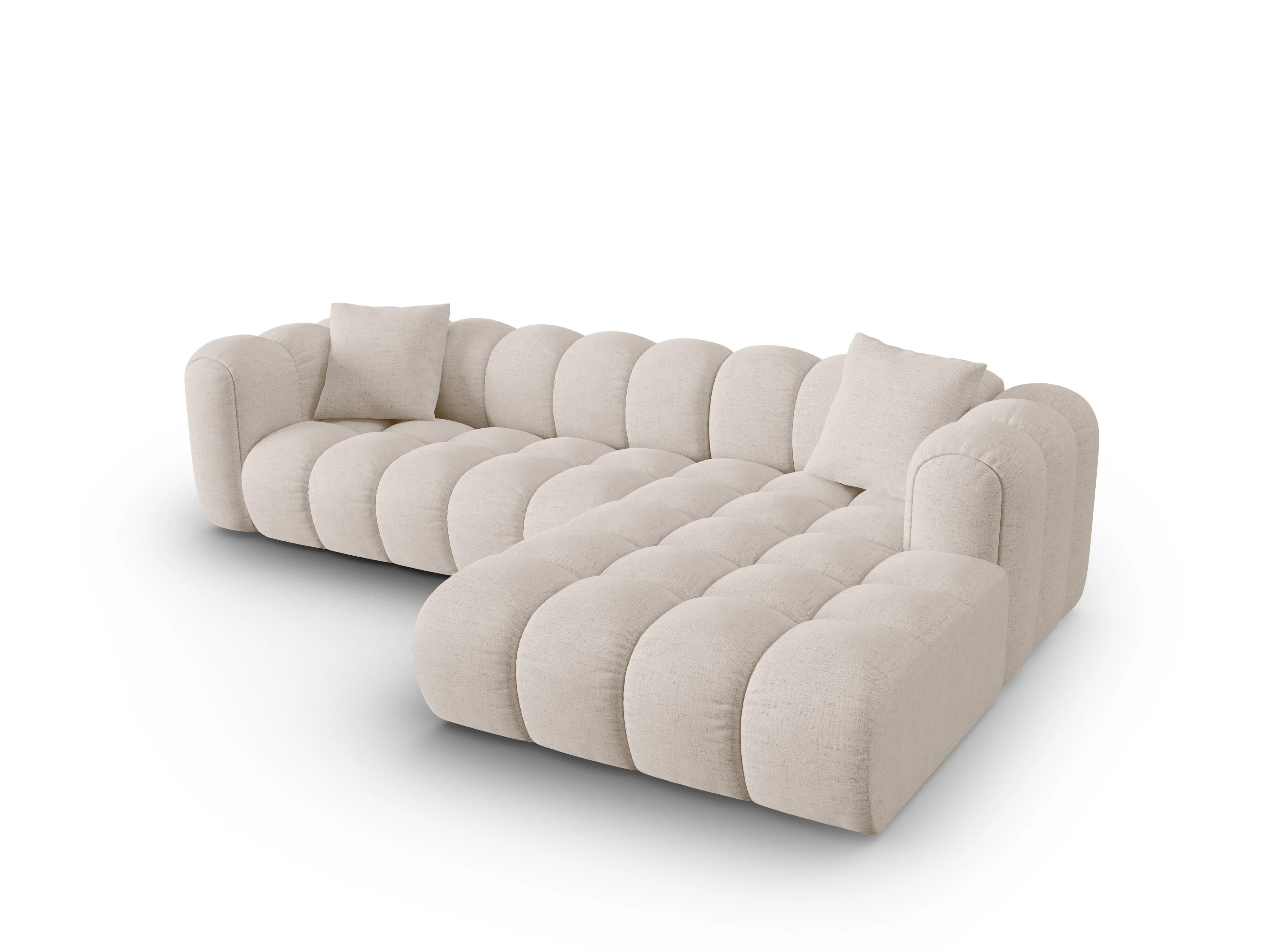 A modern sectional sofa featuring distinctively rounded, channel-tufted upholstery in a light beige textile, forming a continuous, plush seating surface with an integrated left-hand facing chaise lounge and low-profile arms. — 3D model