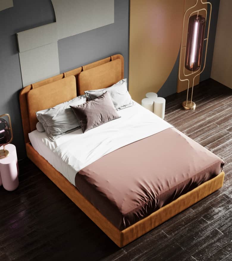 A low-profile upholstered bed frame with a rectangular headboard featuring two padded sections. The… — free OBJ 3D model