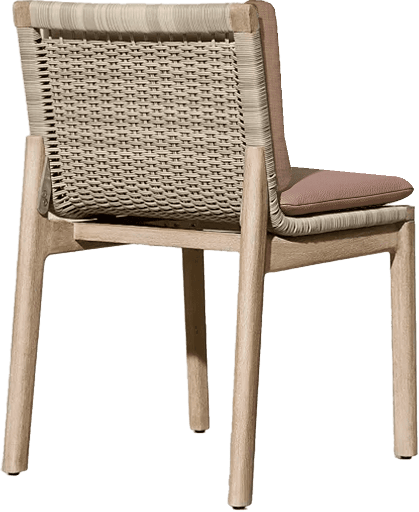 A modern armchair constructed with a light ash wood frame, featuring a distinct woven cord backrest in a beige hue. The seat is fitted with a slim, rectangular cushion upholstered in a light pinkish-brown (mauve) leatherette or fabric. The chair stands on four tapered, round legs and includes integrated armrests formed by the extension of the back frame. — 3D model