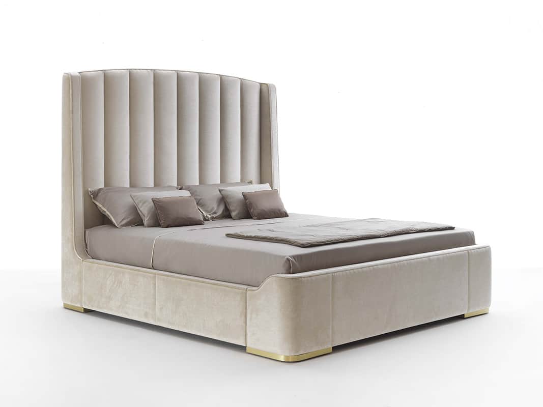 A modern upholstered bed frame with a tall, channel-tufted headboard and a low-profile base. The hea… — free OBJ 3D model