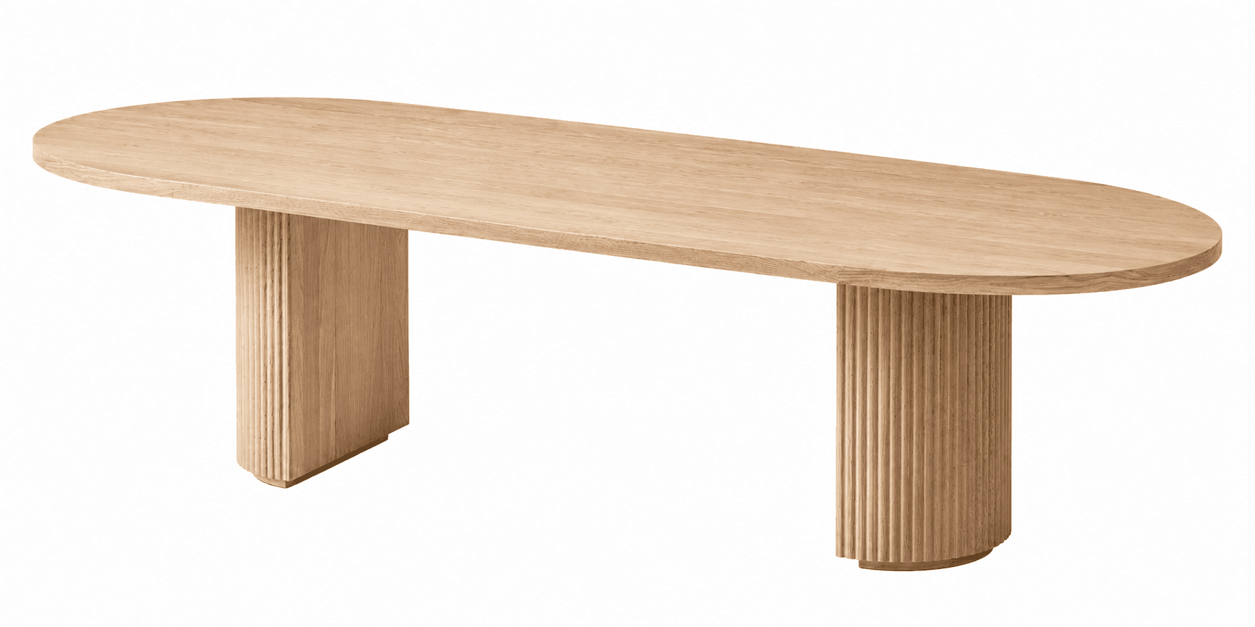 An oval coffee table crafted from light natural oak wood, featuring a smooth, elongated top supporte… — 3D model
