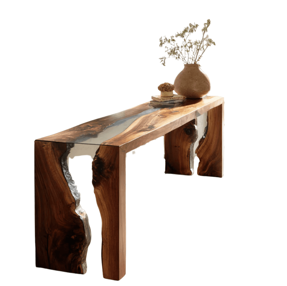 A modern console table with a live-edge wooden top and base, featuring a clear resin inlay that follows the natural contours of the wood. The table has a rectangular surface and is supported by two thick, carved wooden legs that mirror the organic shape of the wood. — 3D model