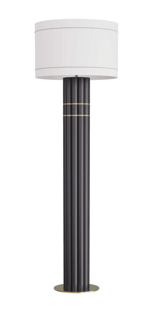 A modern floor lamp with a cylindrical, fluted dark grey column that flares slightly at the base. The column is adorned with two thin gold bands. It supports a drum-shaped lampshade in white fabric, with subtle gold trim near its top and bottom edges. The base is a flat, circular brass-toned disc. — 3D model