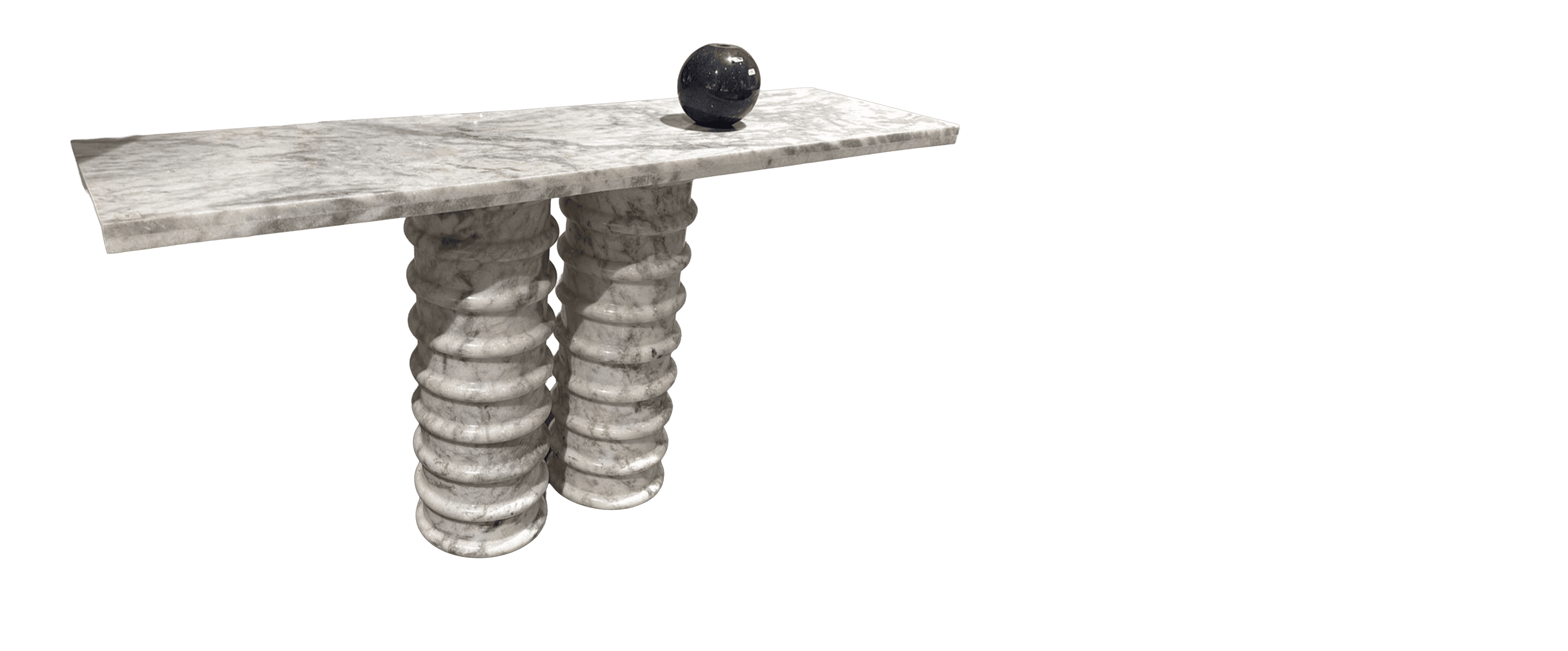 A console table with a rectangular marble top and two sculptural, fluted pedestal legs. A dark, spherical decorative object rests on the tabletop. — 3D model