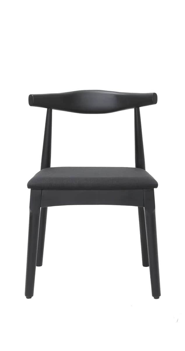 A black wooden chair with a curved backrest and a fabric-covered seat. The chair features four legs,… — 3D model