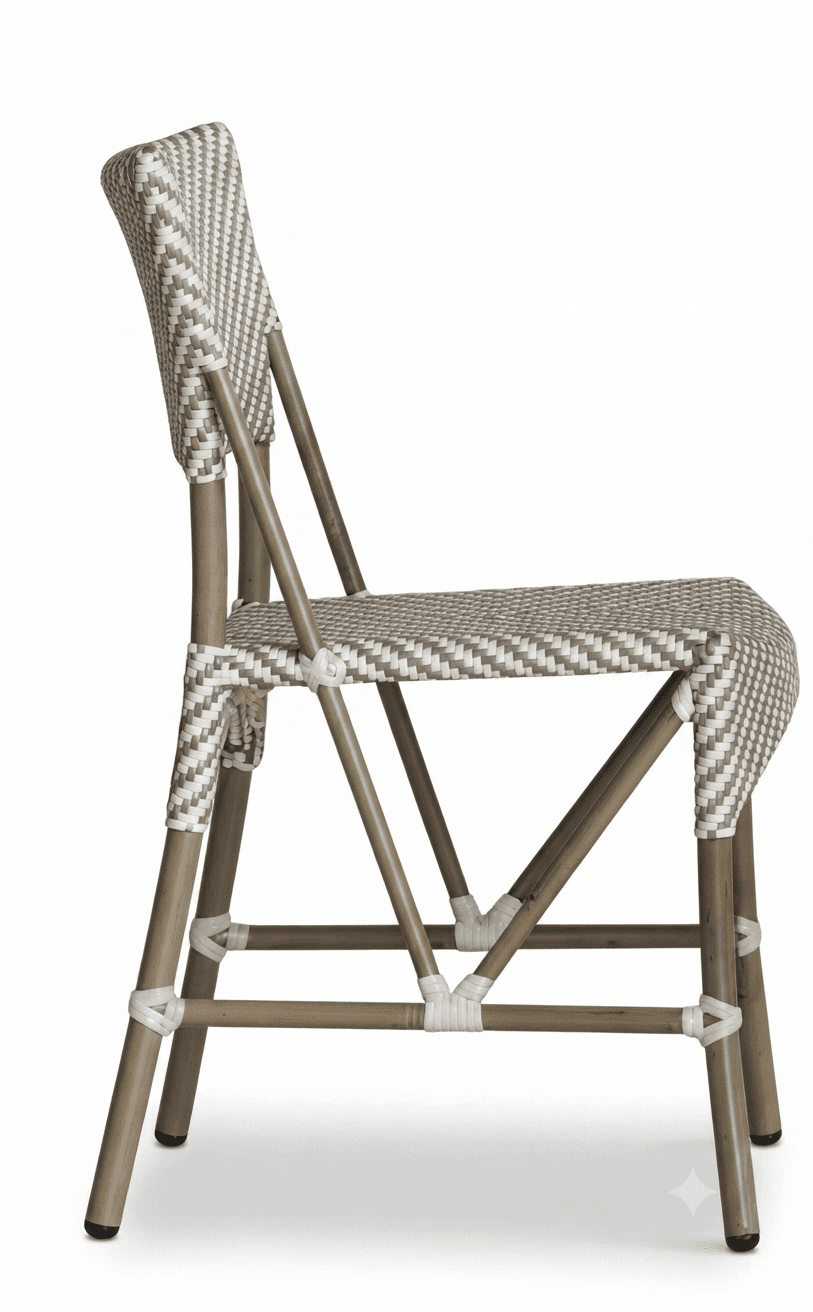 A bistro-style side chair featuring a frame designed to mimic bamboo, and a seat and backrest woven from synthetic rattan in a two-tone checkered pattern. The chair has a gently curved back for ergonomic support. — 3D model