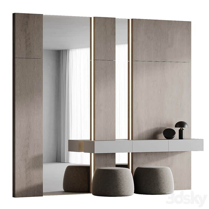A contemporary wall-mounted dressing table set featuring light wood-grain panels. The setup includes… — 3D model