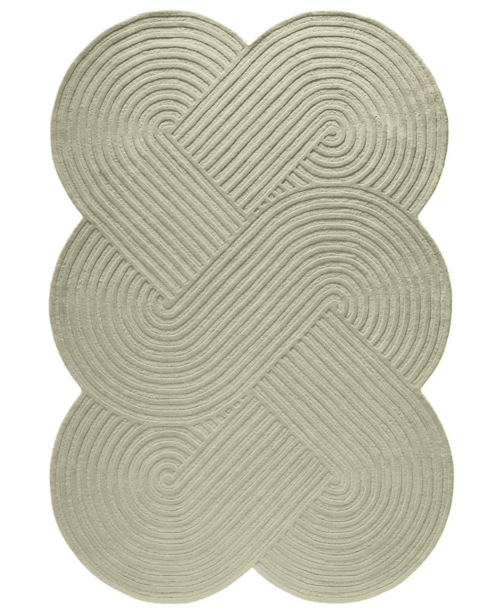 An overhead shot of a light sage green rug featuring an intricate, continuous braided design. The pattern consists of thick, cord-like strands forming elaborate interlocking loops and concentric curved lines, creating a textured surface and an organic, scalloped edge. — 3D model