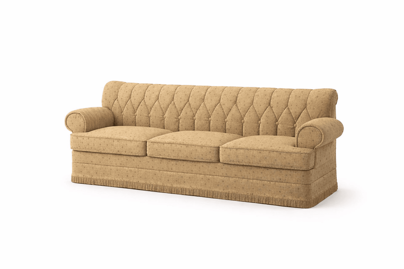 A three-cushion sofa upholstered in a textured, patterned fabric. The backrest features diamond tufting with buttons at the intersections. The rolled arms are also upholstered. The sofa has a skirted base with a fringe detail along the bottom. — 3D model