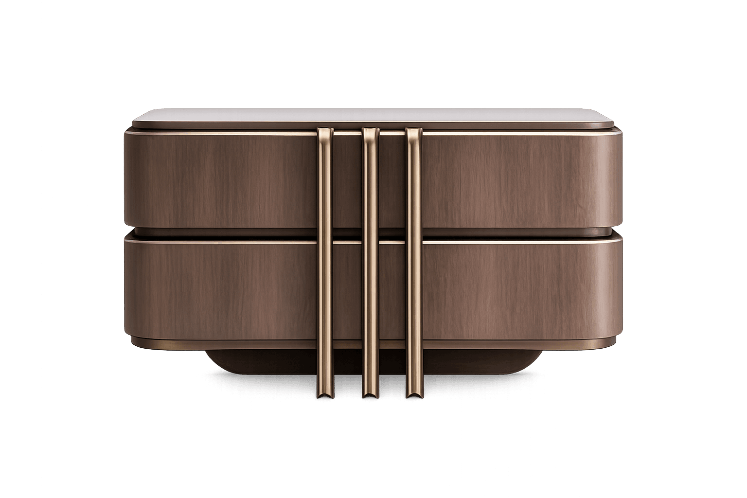 A compact and modern two-drawer nightstand, featuring a dark wood finish on its body and drawer fronts. It has a white stone or marble top and is accented with three prominent vertical brass-finished pulls that extend across both drawers. The drawer fronts have distinct rounded edges. — 3D model