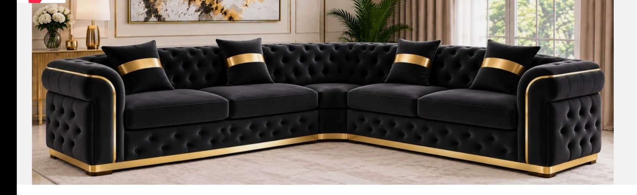 An L-shaped sectional sofa featuring deep button-tufted black velvet upholstery with prominent gold… — free STL 3D model