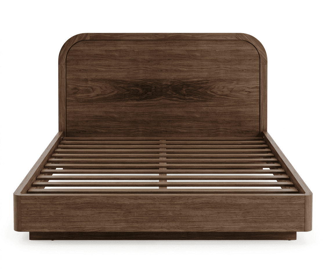 A wooden bed frame with a curved headboard and a slatted base for mattress support. The frame has a… — 3D model