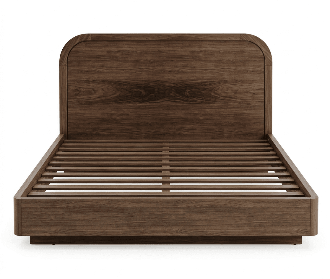 A wooden bed frame with a curved headboard and a slatted base for mattress support. The frame has a low profile and rounded edges. — 3D model