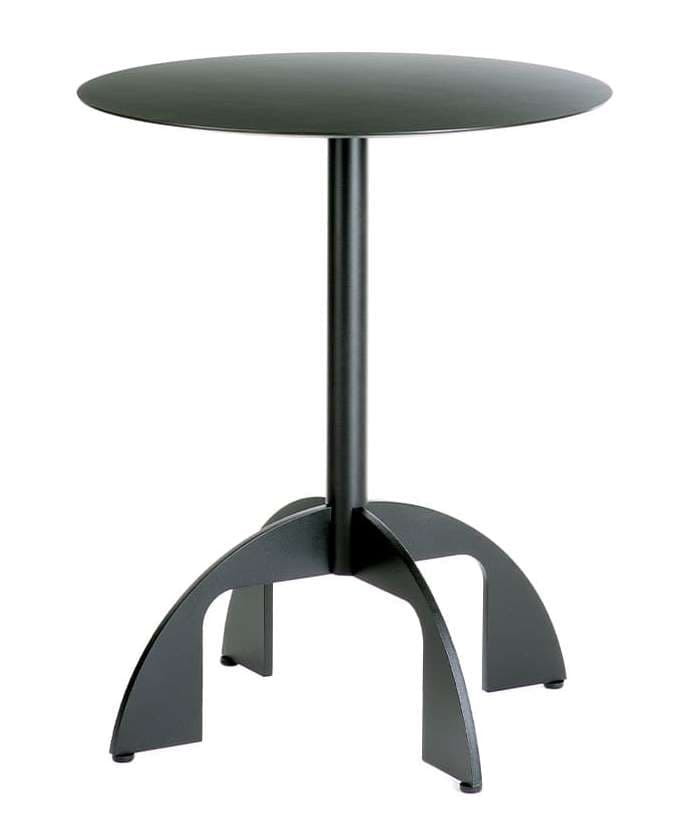 A modern side table featuring a circular tabletop, a central cylindrical pedestal, and a distinctive three-legged arched base. The entire table is finished in a matte dark gray or black color, suggesting a metal construction, possibly powder-coated. Its minimalist design is sleek and contemporary. — 3D model