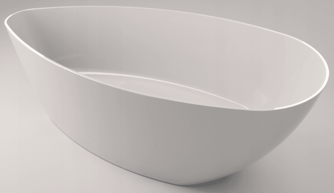 A freestanding bathtub with an oval, free-form shape. The exterior is smooth and slightly tapered towards the base. The interior features a seamless, molded basin designed for bathing. The overall aesthetic is minimalist and modern. — 3D model