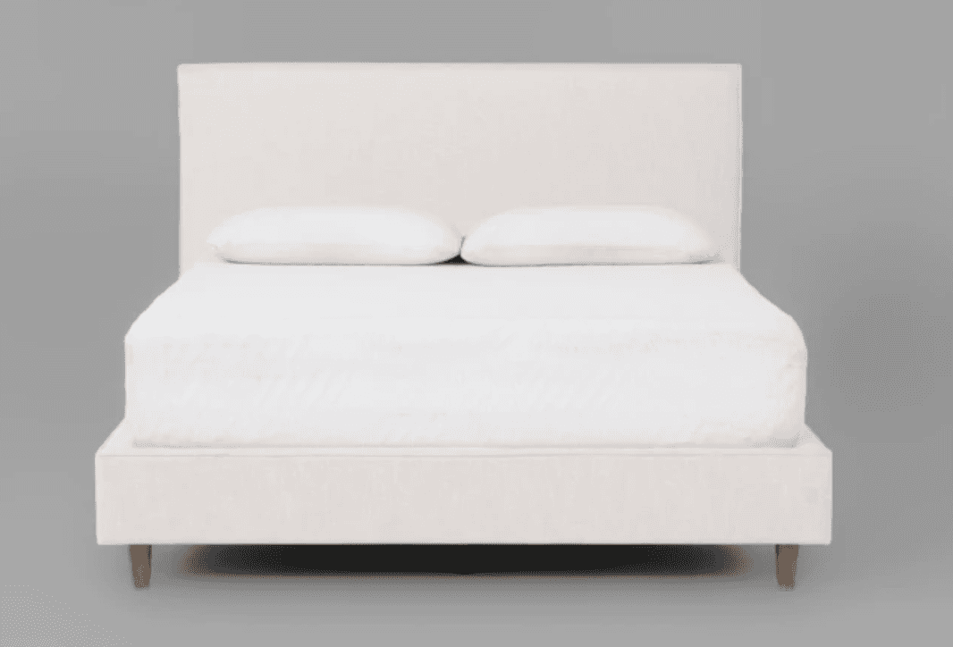 A minimalist upholstered platform bed featuring a rectangular headboard and a low-profile frame. The… — 3D model