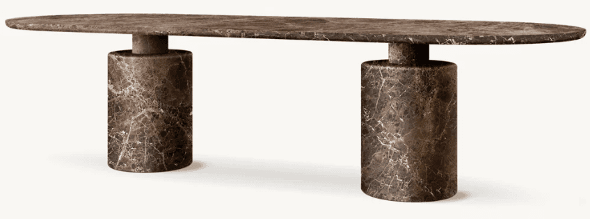 An elongated oval console table featuring a substantial tabletop and two cylindrical pedestal bases,… — 3D model