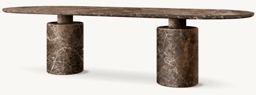 An elongated oval console table featuring a substantial tabletop and two cylindrical pedestal bases, all crafted from dark brown marble with intricate white and grey veining. The design is contemporary and minimalist, emphasizing the natural beauty and weight of the stone. — 3D model