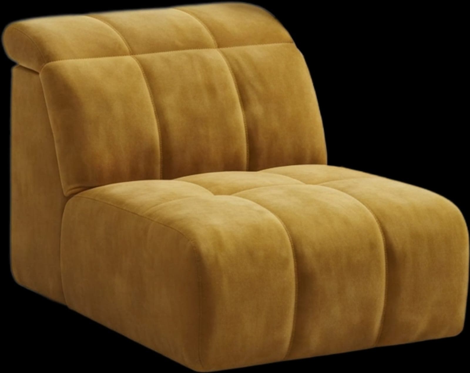 An armless, modular lounge chair upholstered in a mustard yellow plush fabric with biscuit tufting. — 3D model