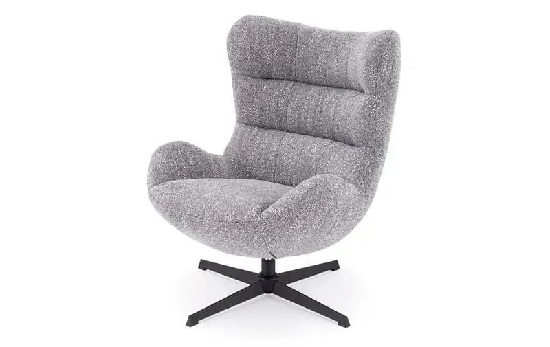 A contemporary lounge chair featuring a high, supportive backrest and integrated armrests, upholstered in a grey textured fabric. The chair sits on a black four-star metal swivel base. — 3D model
