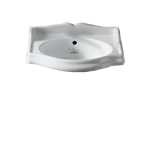 A white ceramic wall-mounted sink with a curved basin and a raised backsplash. It features a central… — 3D model