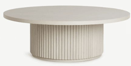 A contemporary, circular coffee table with a fluted pedestal base. The table features a solid, flat top and a cylindrical base composed of vertical, uniformly spaced rods or reeds, creating a textured surface. The overall design is minimalist and modern. — 3D model