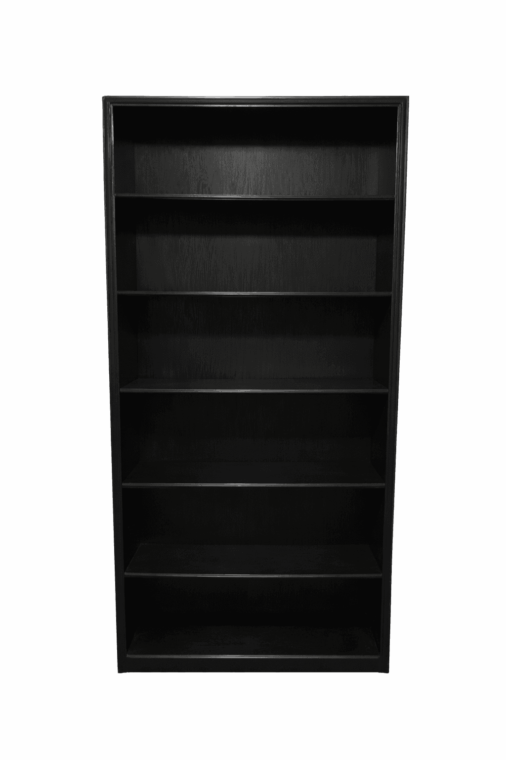 A tall, rectangular bookcase constructed from dark-finished wood, featuring multiple open shelves fo… — 3D model