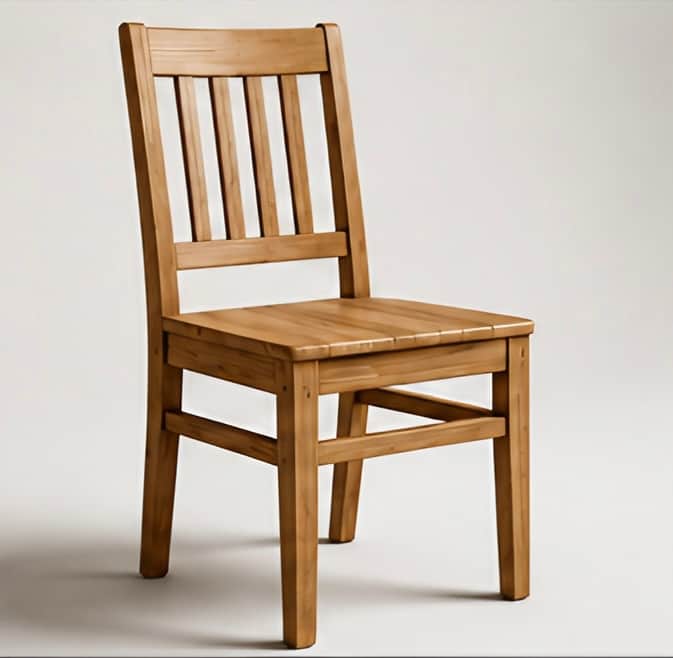 A light-colored wooden chair featuring a vertical slatted backrest and a solid, plank-style wooden s… — 3D model