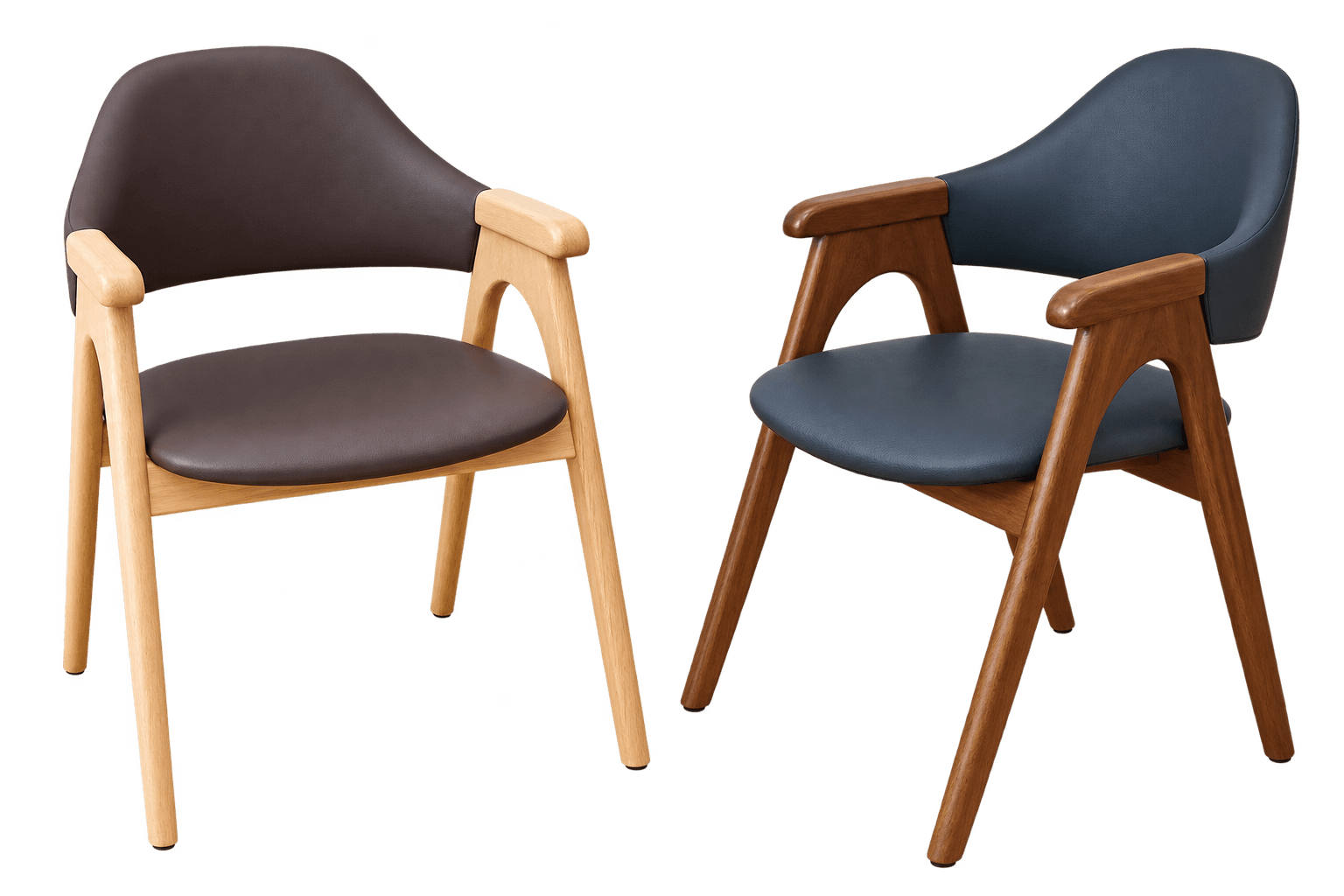 A contemporary dining armchair featuring a light wood frame, a dark navy blue upholstered seat and backrest, and darker wood armrest caps. The design is sleek and modern with subtly curved elements. — 3D model