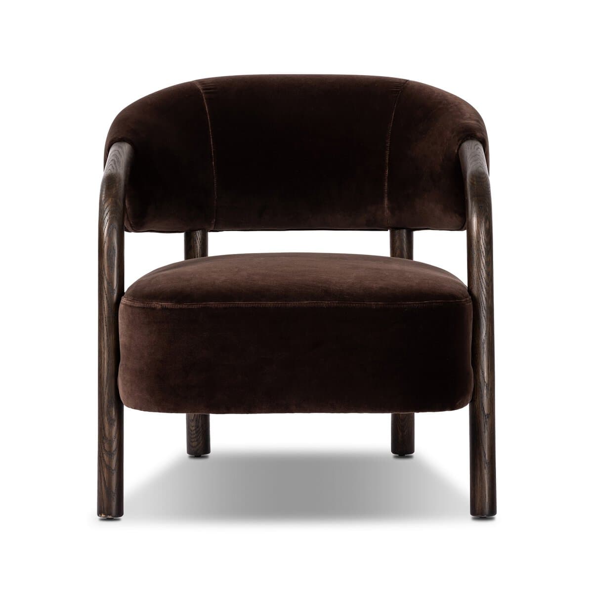 An upholstered armchair featuring a barrel-back design with exposed dark wood frame and dark brown velvet upholstery. — 3D model