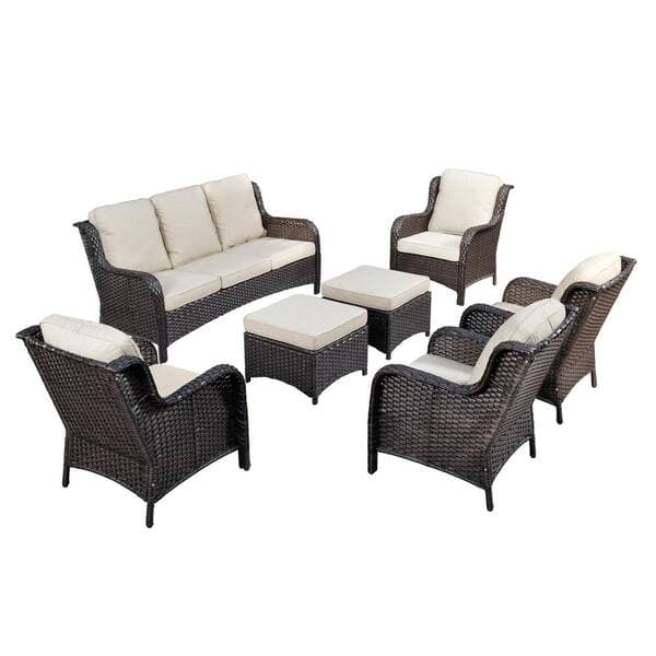 A three-seater outdoor sofa featuring a dark brown synthetic wicker frame and light beige fabric cushions. — 3D model