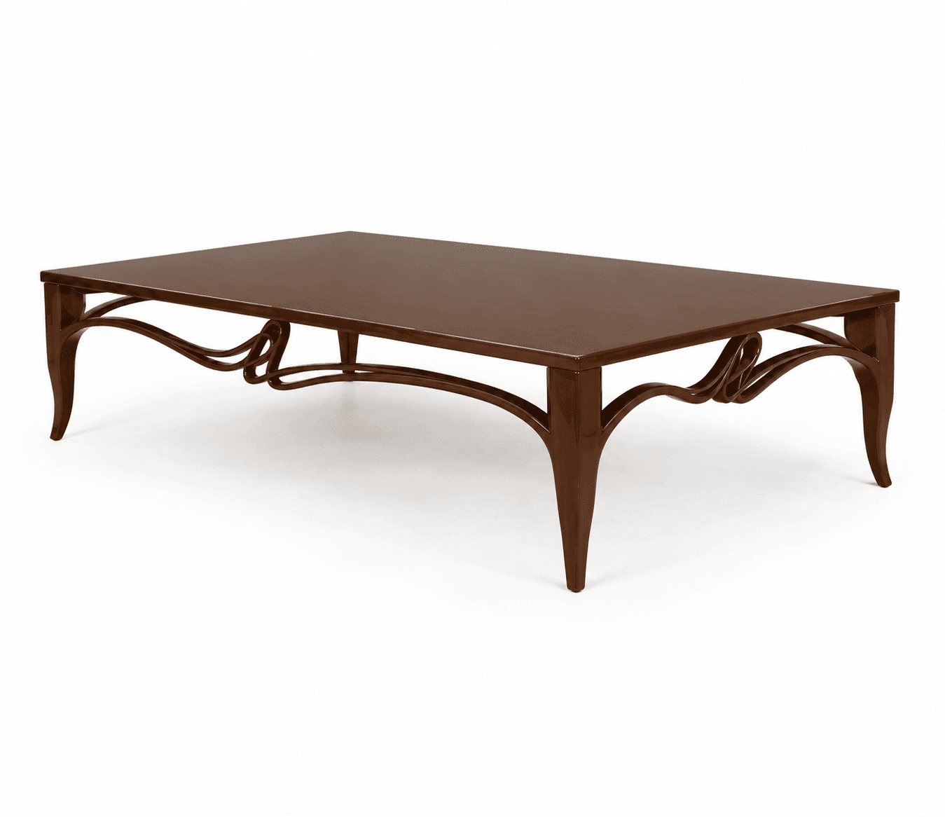 A rectangular coffee table crafted from dark wood, featuring a smooth, polished top. The table is supported by four gracefully curved legs that splay outwards. A distinctive and ornate scrolled apron connects the legs on all sides, creating a decorative, wave-like motif beneath the tabletop. — 3D model