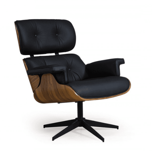 A classic mid-century modern lounge chair, inspired by the iconic Eames Lounge Chair, featuring a molded plywood shell in a walnut finish and black leather upholstery on the seat, back, and headrest cushions. It sits on a black metal five-star swivel base. — 3D model