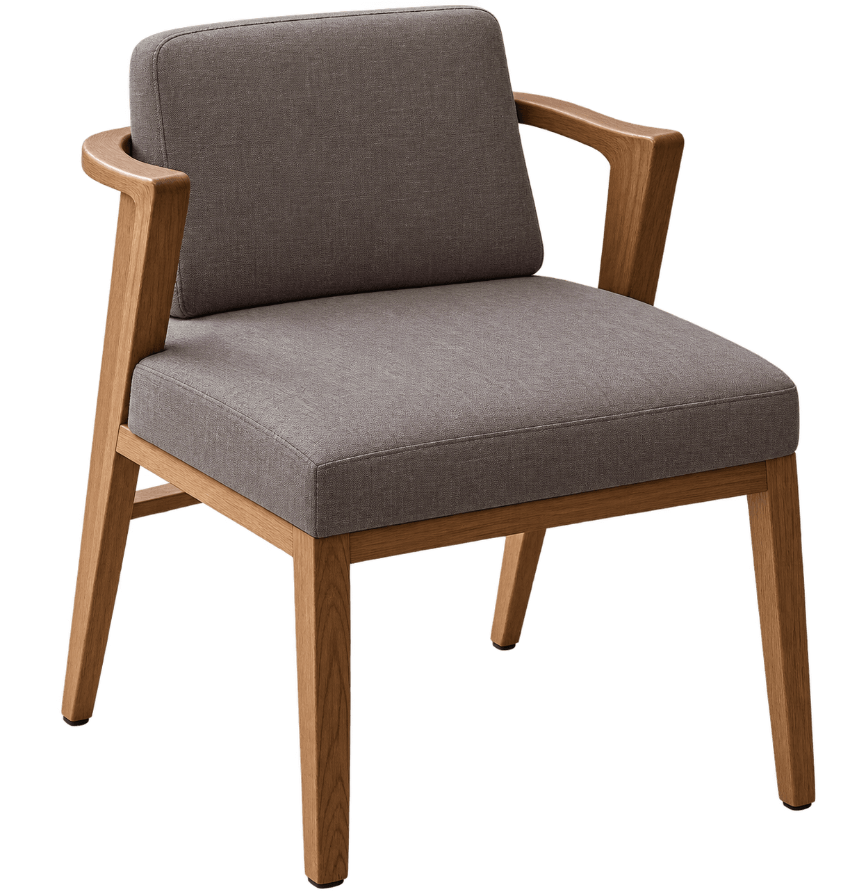 A modern upholstered armchair featuring a solid wooden frame and grey fabric upholstery. The chair has a minimalist design with clean lines, padded seat and backrest cushions, and gracefully curved wooden armrests that seamlessly integrate with the frame. The legs are straight and slightly tapered, consistent with contemporary aesthetics. — 3D model