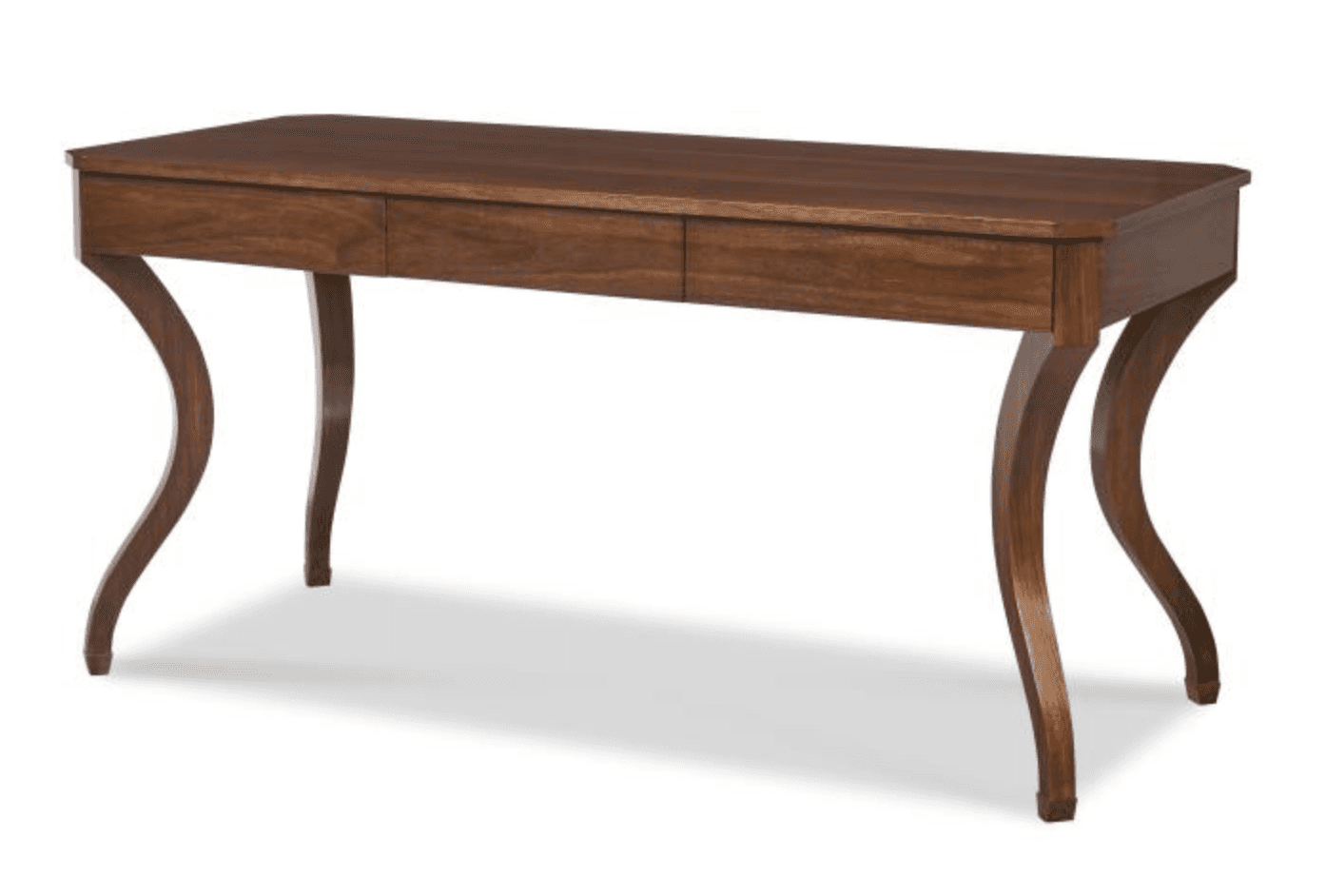 A traditional dark wood desk featuring a rectangular tabletop and three shallow drawers. The desk is… — 3D model