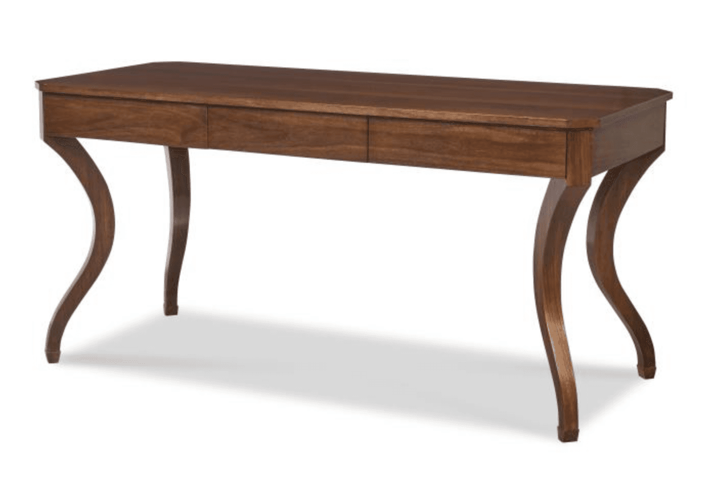 A traditional dark wood desk featuring a rectangular tabletop and three shallow drawers. The desk is supported by four elegantly curved cabriole legs, giving it a classic and refined appearance. The wood grain is visible through a smooth, medium-dark brown finish. — 3D model