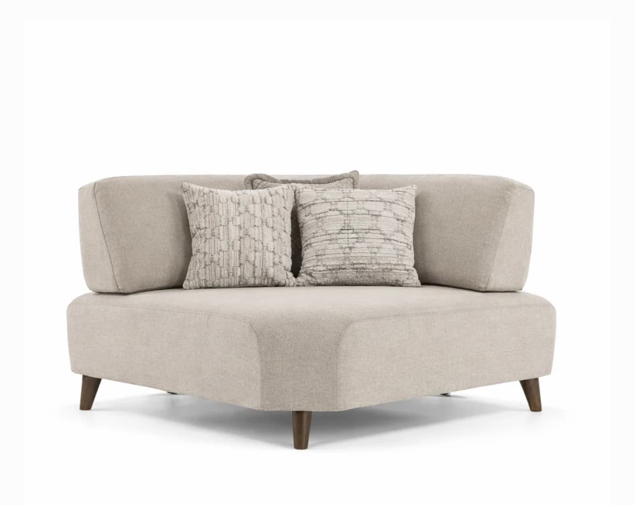 A contemporary upholstered corner sofa module with clean lines and tapered wooden legs. It features a low profile and a neutral-toned fabric. Two decorative throw pillows with geometric patterns are placed on the seat cushion. — 3D model