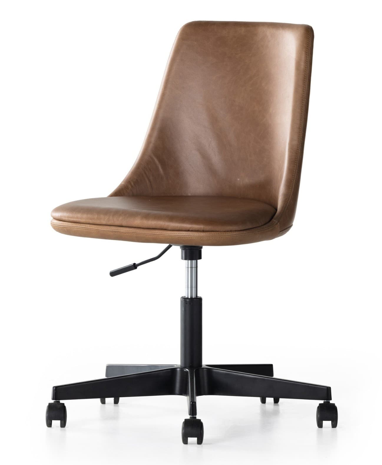 A modern office chair with a brown leather upholstered seat and back. It features a gas lift for height adjustment and a five-star base with casters for mobility. — 3D model