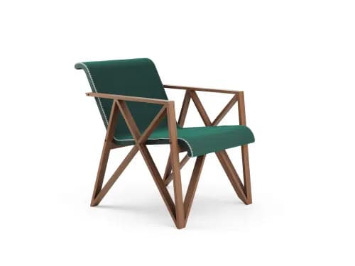 A modern lounge chair featuring a distinctive wooden frame with X-shaped cross-bracing and a dark green fabric sling seat and backrest, detailed with white accent stitching. — 3D model