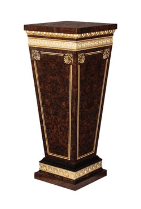 A highly decorative, tapering display pedestal featuring dark, burled wood veneer and extensive gold… — 3D model