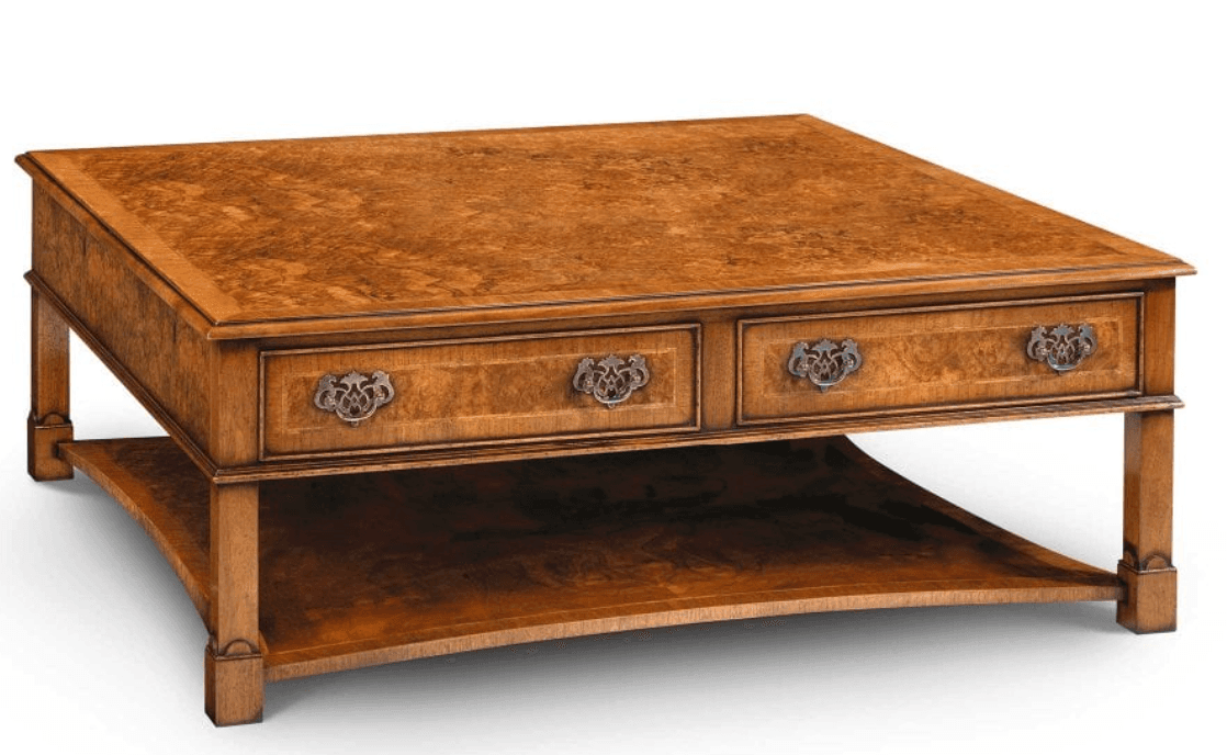 A rectangular coffee table made of burled wood, featuring two drawers with ornate metal pull handles and a lower open shelf. The finish is a warm medium brown. — 3D model