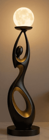 A tall, sculptural floor lamp featuring an abstract, curvilinear base in matte black with internal m… — 3D model