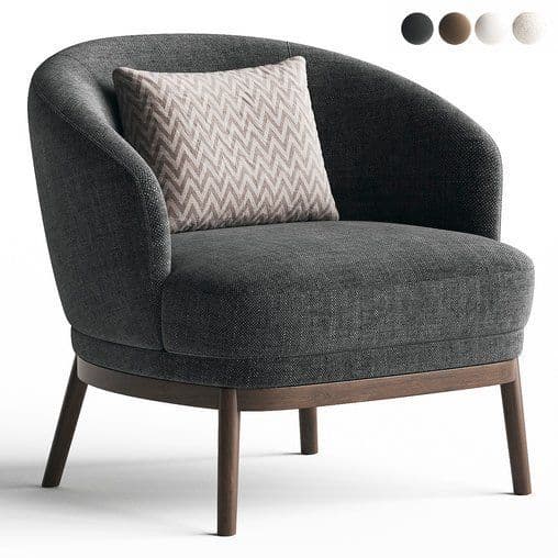 A contemporary lounge chair featuring a deep charcoal grey textured fabric upholstery. The chair has a rounded, enveloping form with integrated armrests and a curved back. It sits upon an exposed dark wood frame, from which four tapered, round wooden legs extend downwards. An accent cushion with a light grey chevron pattern is placed on the seat back. The design appears modern and comfortable. — 3D model