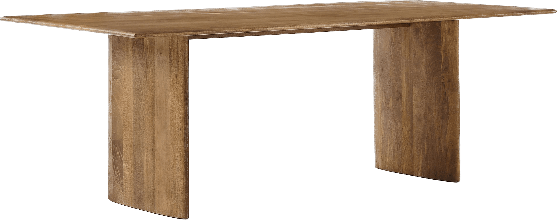A modern rectangular table constructed from solid wood, featuring a substantial tabletop supported by two wide, slab-like legs that subtly curve inwards at the base. The wood exhibits a natural, light brown hue with prominent grain patterns, and all edges appear smoothly rounded. — 3D model