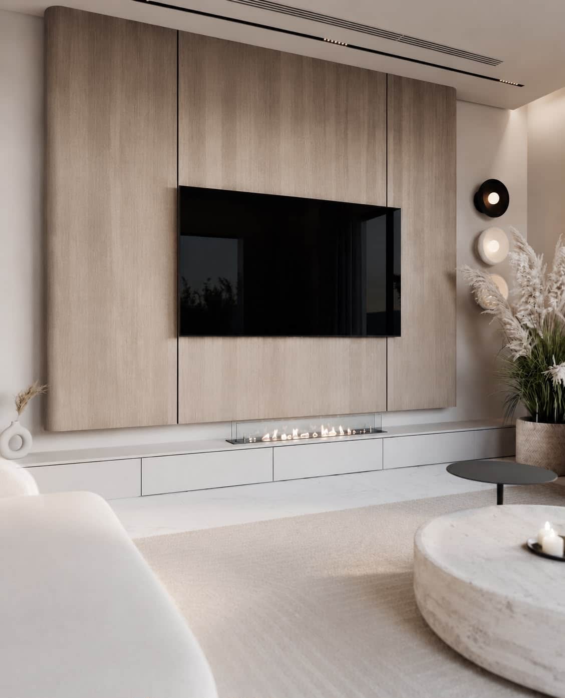 A modern wall-mounted media console system featuring a light wood veneer back panel, a mounted telev… — 3D model