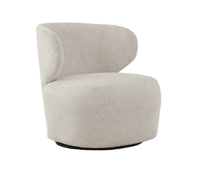 A modern upholstered chair with a rounded, low-back design and integrated armrests. The chair features a textured light-colored fabric and rests on a dark, recessed swivel base. — 3D model