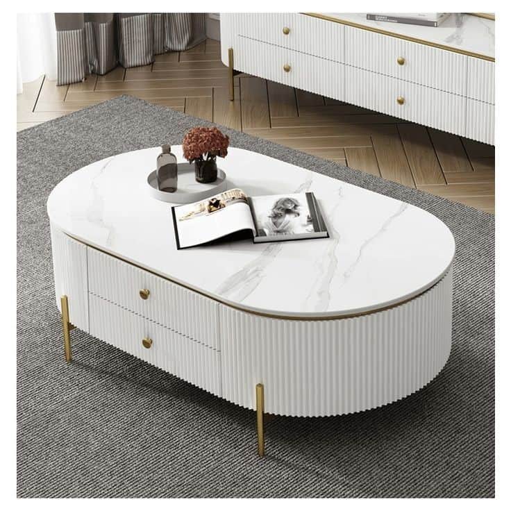 An oval-shaped coffee table featuring a white marble top with grey veining, complemented by a white… — free GLB 3D model