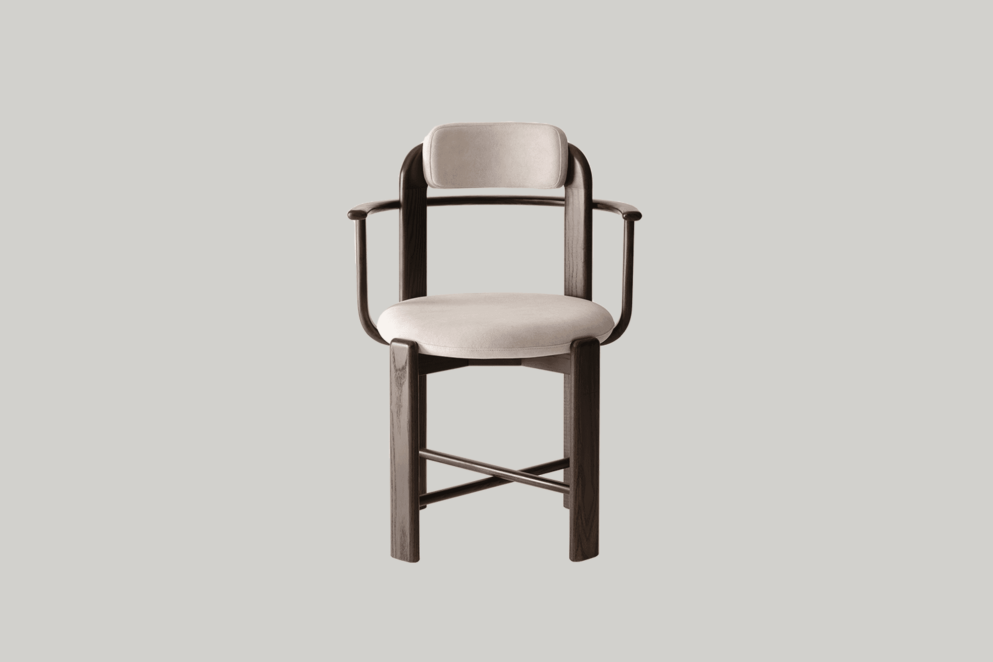 A contemporary counter height chair featuring a dark-stained solid wood frame with light beige uphol… — 3D model