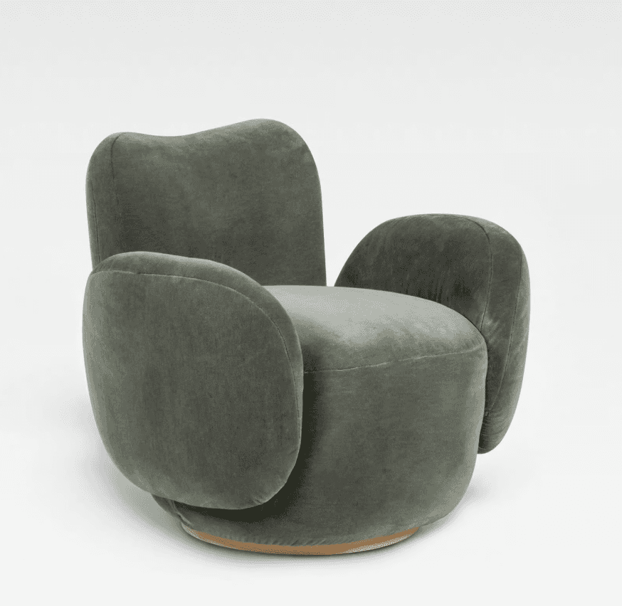A contemporary upholstered swivel lounge chair in a muted green velvet or velour fabric. The chair f… — 3D model