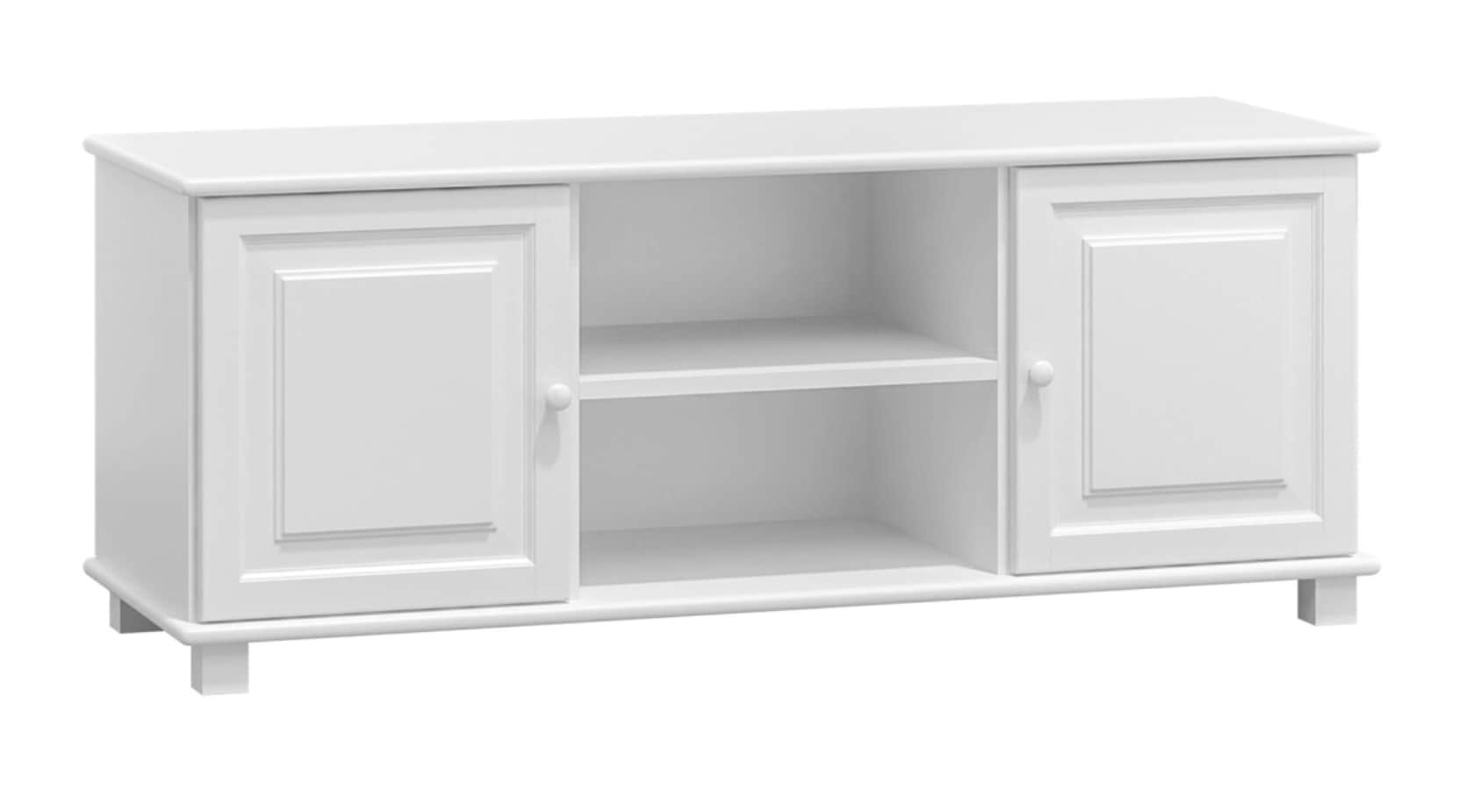 A low, rectangular white media console featuring two cabinet doors with recessed panels, one on each… — 3D model